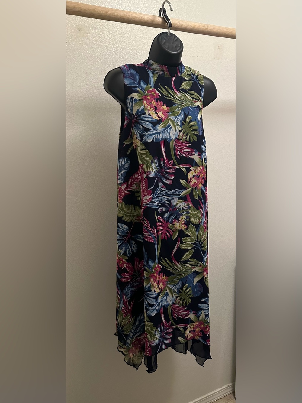 Sleeveless Navy Floral Midi Dress with High Neck